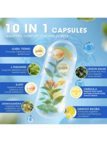 MULITTEA GABA Supplements 750mg With L Theanine, 5HTP, Ashwagandha, Lemon Balm, Ginkgo Biloba, Omega-3, 10 In 1 GABA Calm Capsules For Sleep, Relaxation, Focus, Mood Support, Cortisol Balance - 120CT - 1 Gói (120 chiếc) - Xem 2