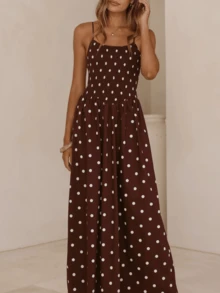 White Brown Polka Dot Maxi Dress For Women Spaghetti Strap Square Neck Smocked Waist Flowy Long Dress Summer Casual Beach Vacation Fashion Dress - 咖啡 - 查看 5