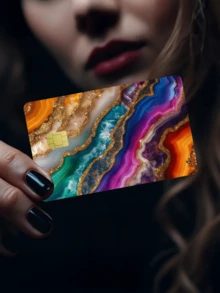 1张大理石纹信用卡贴纸，奢华宝石装饰，防指纹PVC材质，经久耐用，防刮擦，男女通用，情侣适用，可用于身份证、银行卡、信用卡、交通卡、学生证等DIY卡片。