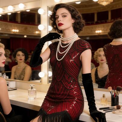 1 pieza Vestido de cóctel con flecos de lentejuelas y encaje estilo vintage de los años 20 con brillos tipo Gatsby