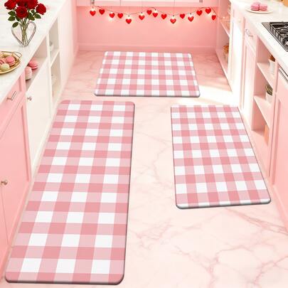 1/2/3件套情人节地毯套装，粉白格子设计，情人节装饰，情人节厨房地垫，春季装饰，适用于厨房、餐厅、入口、走廊、门口、卧室、客厅、浴室等多种场景