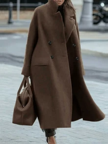 Plus Size Women's Casual Wool Blend Turndown Collar Long Sleeve Warm Commuter Elegant Long Coat, Autumn/Winter - Brown - View 1