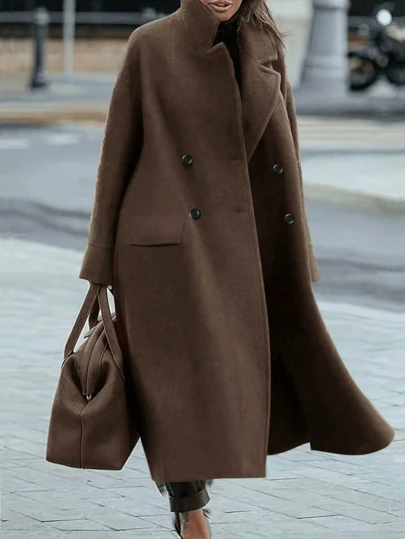 Plus Size Women's Casual Wool Blend Turndown Collar Long Sleeve Warm Commuter Elegant Long Coat, Autumn/Winter