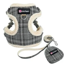 3pcs/Set Winter Warm Dog Harness And Leash Set, Adjustable With Treat Pouch, Classic Plaid Fabric, Suitable For Small Dogs - Grey - View 7