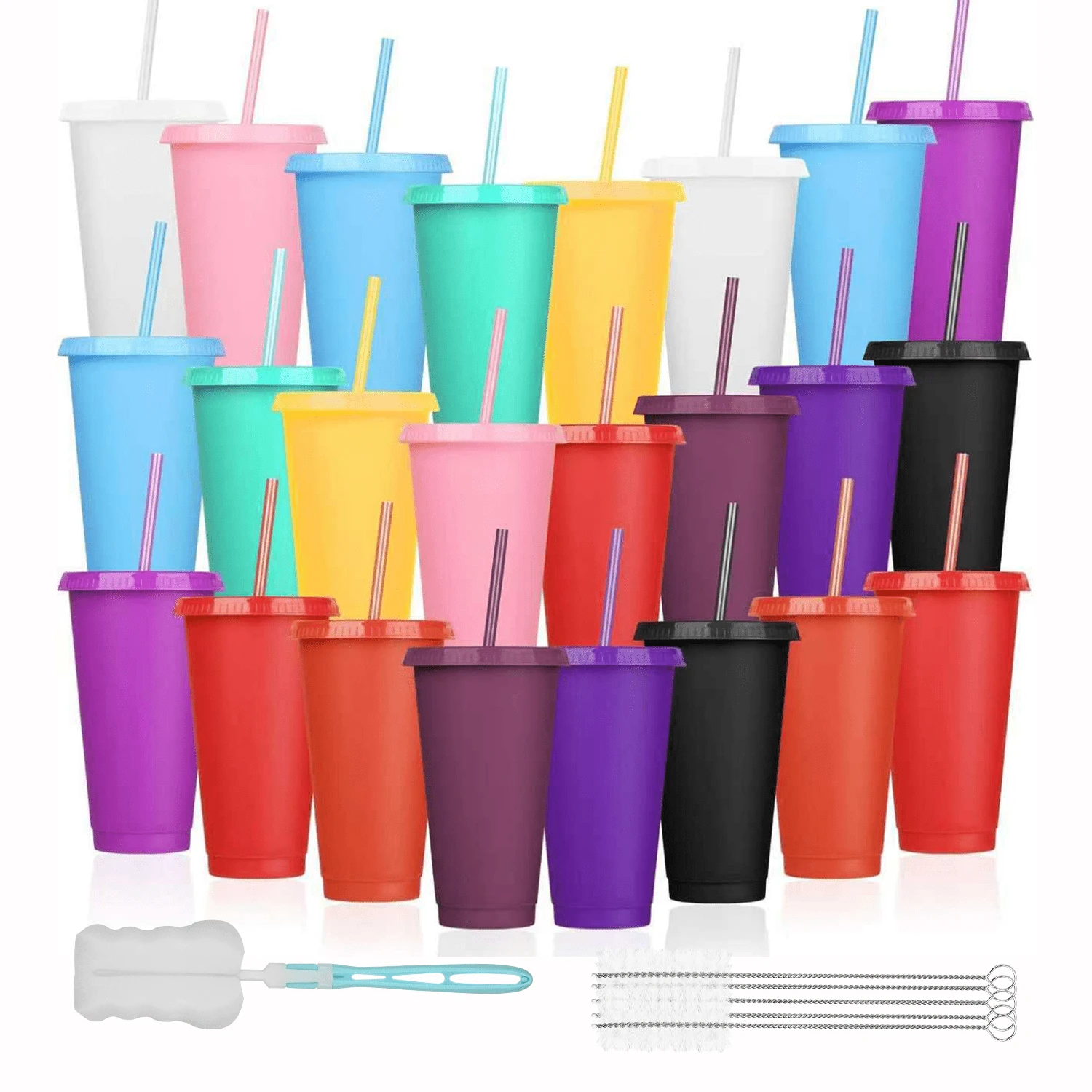 KAFUFU 25 Pack Plastic Tumblers With Lids And Straw, Reusable Cups With Lids And Straws Colorful Cups For Cold Drink Iced Coffee, Plastic Tumbler Bulk For Party Birthday Gifts (24 Oz, Stylish Colors) - 25pc 天藍色 - 查看 1