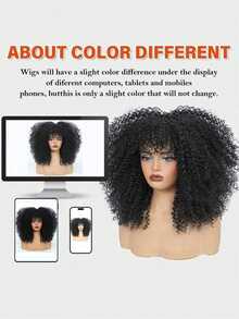 16 Inch Afro Kinky Curly Wigs For Women 1B Color Full Fluffy Bomb Style | Soft Synthetic | For Daily Party Cosplay Costume Halloweeen And Christmas - 黑色 - 查看 7
