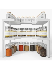 Expandable Bamboo Spice Rack Organizer For Cabinet - Stackable Shelves For Kitchen Seasoning & Pantry Storage, Sturdy & Versatile - Natural Bamboo, Adjustable, Expandable, Lightweight, Washable, Waterproof - 白色 - 查看 1