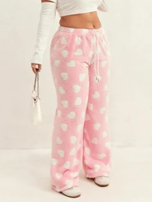 Pantalones anchos de franela gruesa con estampado de corazón y cordón en la cintura para mujer de talla grande, ropa de estar en casa casual para otoño/invierno - Rosa - Ver 1