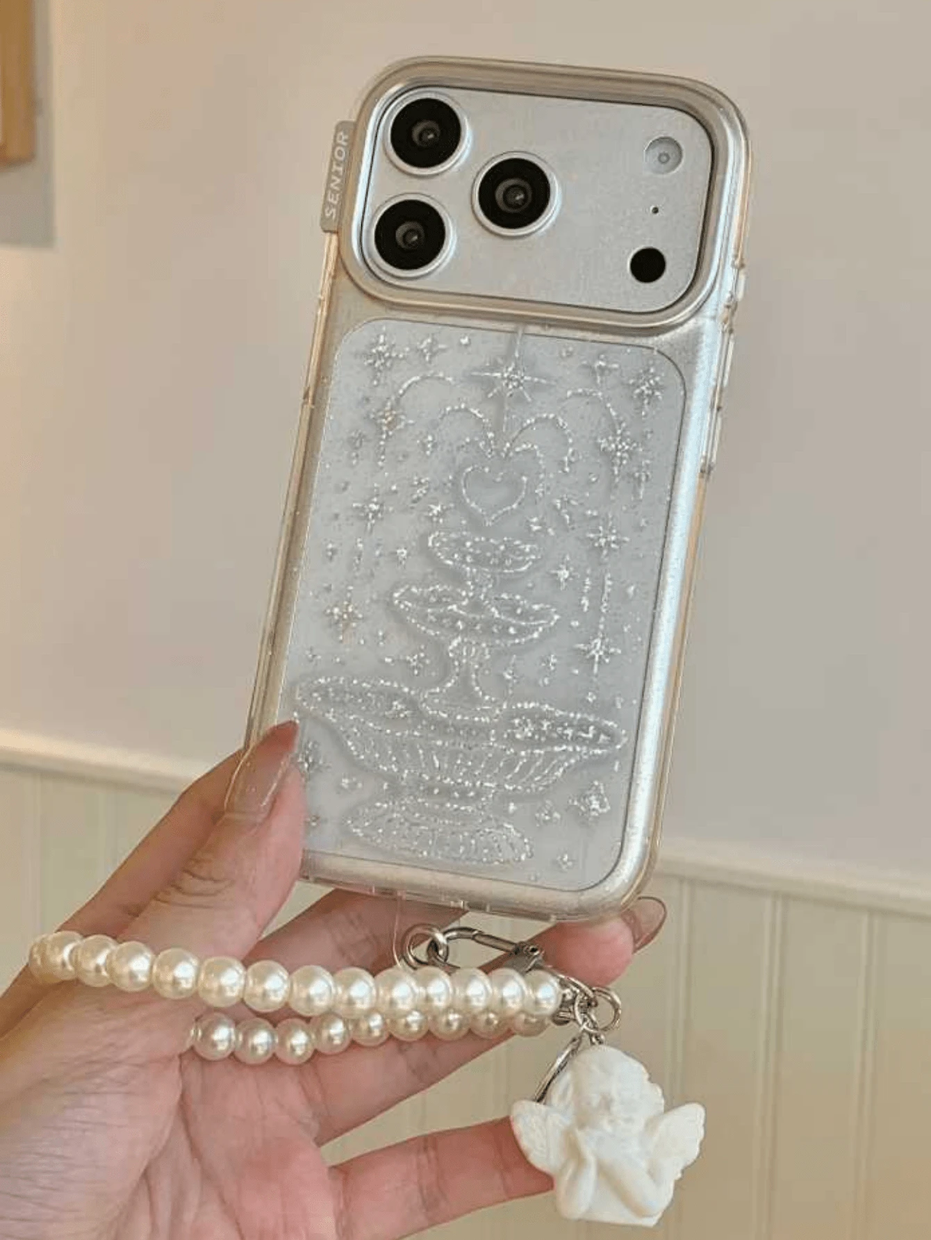 Luxury Bling Glitter Wishing Well Heart Star Transparent Little Angel Pearl Short Strap Plating Phone Case Compatible With IPhone 17 Pro Max Fashion Lanyard Rope Phone Protective Cover