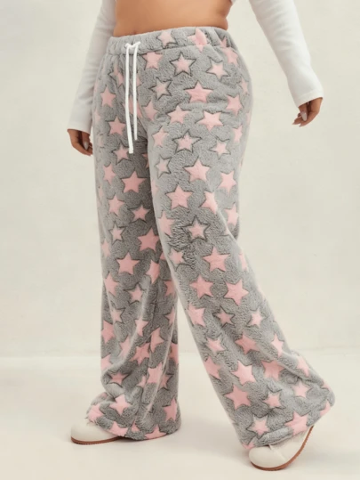 Pantalones anchos con cordón en la cintura, estampado de estrellas rosas, de franela gruesa, para mujer talla grande, aptos para ropa exterior, deportiva, casual y de estar en casa