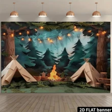 2D Flat 1pc [Camping Background] Photography Camping Background, Forest Scene With Tent, Campfire And String Lights, Party Backdrop, Camping Themed Decor, Multipurpose Decor, Camping Accessories, Suitable For Parties - Mint Green - View 12