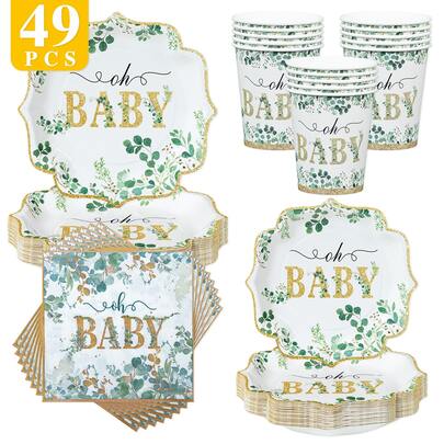 8pcs Leaf & Petal Shaped Disposable Tableware Set For Baby, Including Plates, Napkins And Cups, Suitable For 8 Guests, Disposable Paper Plates Party Supplies For Birthday, Wedding, Theme Party, Family Picnic