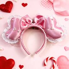 Wu Pistilure Fashionable Pearl Heart-Shaped Ear Headband, Lace Bow Hairband Headpiece, For Birthday Party, Valentine's Day, Costume Play, Women - Multicolor - View 4