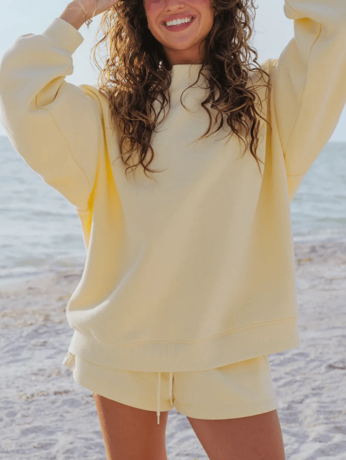 Women Casual Stylish Two Pieces Outfits Shorts Set Solid Color Long Sleeve Mock Neck Oversized Sweatshirt Pullover Top And Shorts Sweat Set Spring Fall Sweatsuit Tracksuit Loungewear - Yellow - View 1