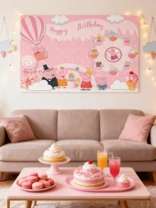 Peppa Pig Pano de Bottom com Tema de Porco Cartoon para Aniversário, Faixa de Bottom Feliz de Aniversário, Itens de Decoração para Festa de Aniversário - Multicolorido - Visão 2