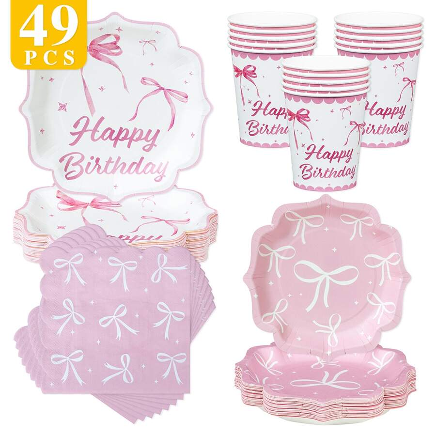 Pink Bow Birthday Petal Shaped Disposable Plate, Napkin, Cup Set, Plates, Napkins And Cups Party Supplies, Serves 8 Guests, Disposable Paper Plates Party Tableware Suitable For Birthday, Wedding, Theme Party, Family Picnic - Multicolor - View 1