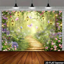2D Flat Fantasy Jungle Backdrop Banner, Includes Green Jungle Foliage, Firefly Jars, Butterflies, Floral Path, No Power Needed, Suitable For Fairy Tale Parties, Indoor Bedroom, Outdoor Lawn, Can Be Used As Wall Decor Or Party Supplies, Fits Home