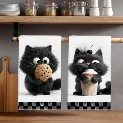 2pcs Minimalist Everyday Cute Black Cat Eating Cookies Pattern Kitchen Towels, Soft Polyester Material Dish Cloths, Suitable For Kitchen Decor, Kitchen Cleaning, Holiday Party Decoration, Kitchen & Bathroom Essentials, Home Decor, Housewarming Gift