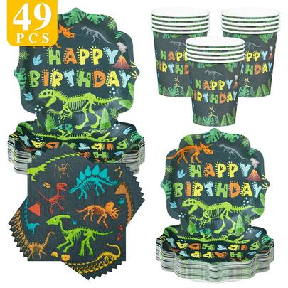 Dinosaur Fossil Floral Disposable Plate, Napkin, Cup Set For 8 Guests, Birthday Party, Wedding, Family Picnic Supplies