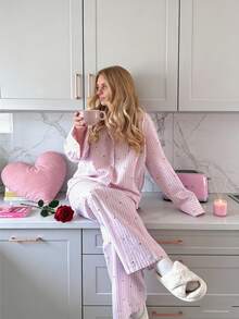 Women's Day Long Sleeve Pajama Set - Pink Stripe & Tiny Heart Print Oversized PJs, Lightweight Cotton Loungewear - Hồng - Xem 2