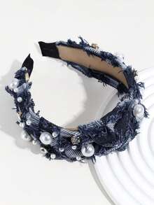 1pc Wide Fabric Bow Knot Faux Pearl & Rhinestone Hair Hoop,Hairband,Hair Hoop,Hair Accessories Headbands - Màu xanh hải quân - Xem 2