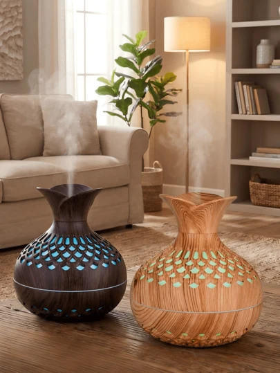 1个大型花卉仿木纹加湿器，300毫升/USB供电，低噪音，适用于家庭、卧室、客厅、办公室、宿舍