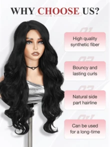 28 Zoll lange schwarze wellige synthetische Perücke, Seitenscheitel Wasser Welle Perücke, natürlich aussehend, hitzebeständig, geeignet für den täglichen Gebrauch, Partys und Cosplay - Schwarz - Übersicht 4