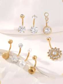 8pcs Assorted Belly Button Rings Set, Rhinestone Embedded Ball & Flower Shaped Navel Rings, Round CZ Navel Piercing Jewelry, Suitable For Women Daily Wear, Holiday & Beach Vacation Gifts
