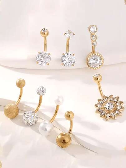 8pcs Assorted Belly Button Rings Set, Rhinestone Embedded Ball & Flower Shaped Navel Rings, Round CZ Navel Piercing Jewelry, Suitable For Women Daily Wear, Holiday & Beach Vacation Gifts