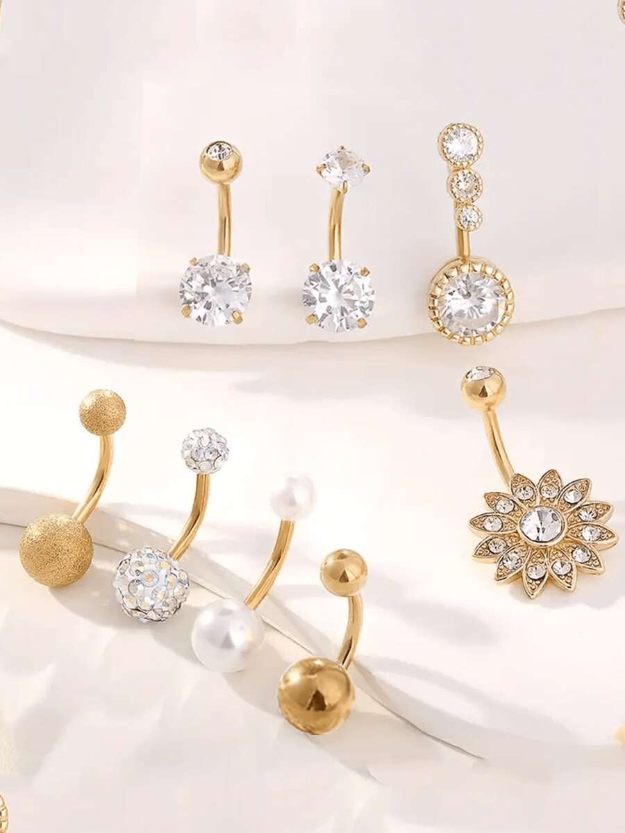 8pcs Assorted Belly Button Rings Set, Rhinestone Embedded Ball & Flower Shaped Navel Rings, Round CZ Navel Piercing Jewelry, Suitable For Women Daily Wear, Holiday & Beach Vacation Gifts