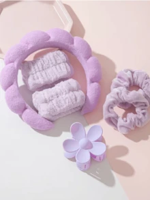 6pcs Spa Headbands, Makeup Headbands, Facial Wash Headbands, Skincare Headbands, Pink Velvet Fluffy Sponge Headbands, Bow, Scrunchie, Spa Headbands, Wristbands, Women & Girls Hair Accessories Set - Multicolor - View 11