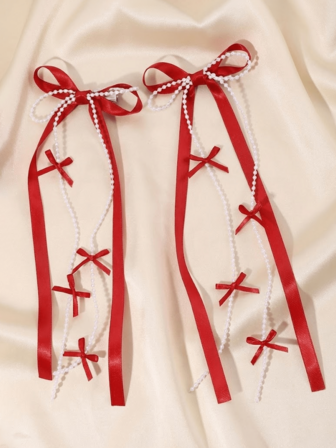 2Pcs Red Hair Bows With Long Faux Pearl Tassel, Hair Accessories For Women Satin Ribbon Streamer Hair Clips For Women Girls, French Vintage Balletcore Aesthetic Bowknot Barrettes For Wedding Valentine's Day Gift, Claw Clips, Hair Slide