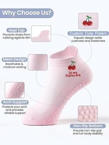 Women's Custom Multicolor Yoga Pilates Socks, Non-Slip Silicone Dance Sports Socks, Indoor Floor Fitness Socks, Soft Lightweight Breathable Short Ballet Socks, Cherry Pattern Non-Slip Elastic Sports Socks, Personalized Pilates Socks - Multicolor - View 5