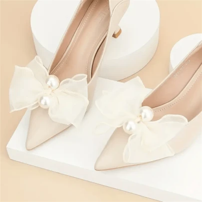 1 paire (2 pièces) de clips à chaussures détachables DIY blanc, beige, noir, rouge vin, rose clair, rose, beige avec nœud papillon. Accessoires de mode élégants pour femmes pour talons hauts, escarpins, tenue de bureau, rendez-vous