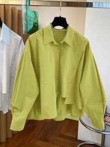 Camisa asimétrica única para mujer en múltiples colores, incluyendo rosa, adecuada para primavera, verano, otoño e invierno, diseño de bolsillo con botones frontales de unicolor, elegante y - Verde Oliva - Ver 2
