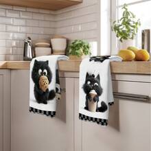 2 piezas Toallas de cocina con patrón minimalista y lindo de gato negro comiendo galletas, de material suave de poliéster, adecuadas para decoración de cocina, limpieza de cocina, decoración de fiesta festiva, artículos esenciales de cocina y baño, decoración del hogar, regalo de inauguración de casa - Multicolor - Ver 6
