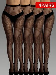 4 Pairs Women's Hollow Out Fishnet Gothic Style Tights, Suitable For Daily Wear - Black - View 6