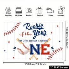 2D Flat 1pc Baseball Theme 1st Birthday Party Backdrop - Best Rookie Design Of The Year, Blue & Red Wooden Batter, For Celebration Events, Multipurpose Decor, Holiday Gift, Polyester Material, No Power Required - White - View 6