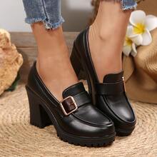 Women's Solid Color High Heel Pumps, Chunky Heel, Black Non-Slip Comfortable, Suitable For Daily Commute, Party And Formal Occasions - 985-3 (Black) - View 10