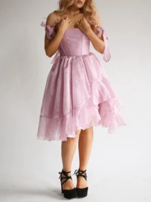 Women Tulle Puffy Prom Dress Strap Ties Scoop Neck Mesh Ruffle Layering Midi Dress Fairy Birthday Dresses - Hồng - Xem 7