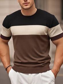1 Stück Herren gestreiftes T-Shirt mit Rundhalsausschnitt, schlanke Passform Kurzarm Strickpullover, Kontrast-Farbe neue Ankunft Kurzarm Strick-Oberteil - Braun - Übersicht 3