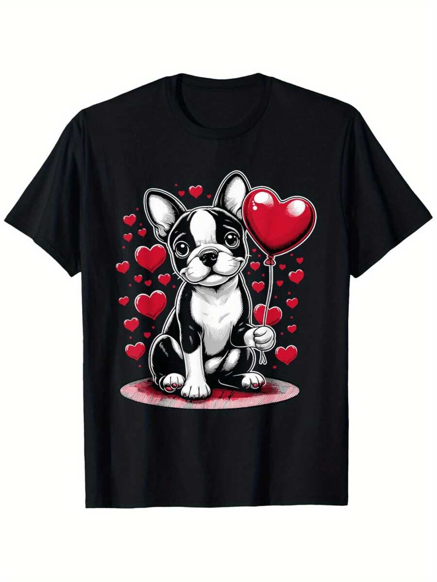 Boston Terrier Dog Valentine's Day Dog Owner Valentine's Day T-Shirt, 100% Cotton, Fabric Weight 180g, Men's Gift For Female Friends And Family, S-XXXL, Black - Black - View 1