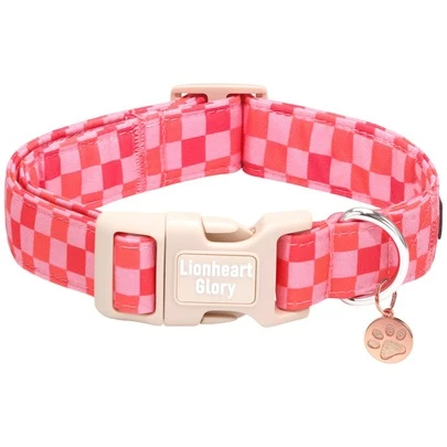 Collar para perro Lionheart Glory, hebilla de plástico suave y ajustable, con patrón de cuadros rosas, adecuado para perros, cachorros, niños y niñas, collar para mascotas para la primavera y días festivos