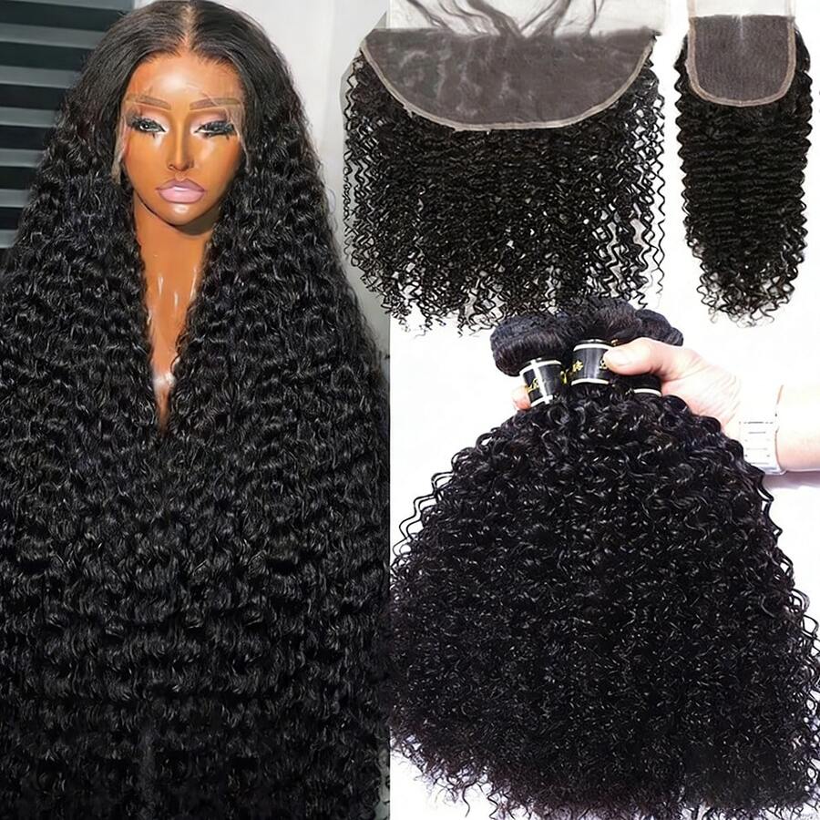 BINF Cabello humano brasileño (cabello Remy, rizado y crespo), 3 paquetes con cierre frontal de encaje HD 13x4 4x4, color de cabello natural, ideal para festivales, feriados, bodas y uso diario.