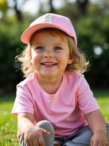 1pc Personalized 26 Letter Name Print Sun Hat Baseball Cap, Adjustable Unisex Kids Outdoor Casual Sun Protection Hat - Pink - View 4
