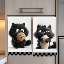 2 piezas Toallas de cocina con patrón minimalista y lindo de gato negro comiendo galletas, de material suave de poliéster, adecuadas para decoración de cocina, limpieza de cocina, decoración de fiesta festiva, artículos esenciales de cocina y baño, decoración del hogar, regalo de inauguración de casa - Multicolor - Ver 8
