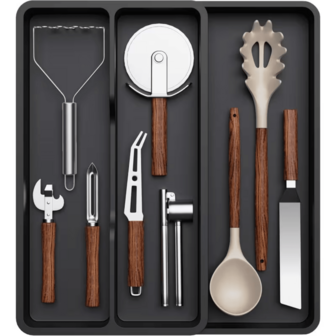 大号三隔层可扩展餐具收纳盒 - 黑色塑料餐具收纳盒，轻松整理厨房餐具，可收纳叉子、勺子、刀具等