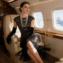 1件盖茨比风格亮片流苏1920年代爵士女郎连衣裙亮片连衣裙复古蕾丝流苏鸡尾酒会礼服亮片派对礼服 - 彩色 - 查看 9