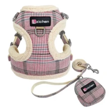 3pcs/Set Winter Warm Dog Harness And Leash Set, Adjustable With Treat Pouch, Classic Plaid Fabric, Suitable For Small Dogs - Pink - View 8