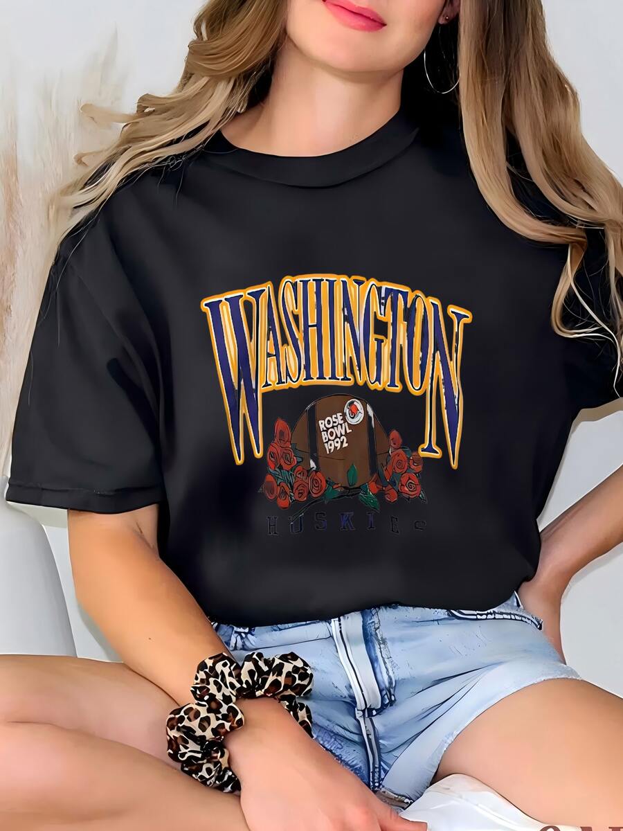 Womens Vintage Ncaa Rose Bowl Washington Huskies Hoodie Rose Bowl Hooded Sweater Washington Huskies Pullover Hoodie Washington Huskies Logo Print T-Shirt - màu đen - Xem 1